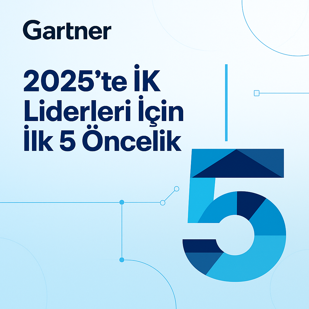 2025’te insan kaynakları liderlerinin öncelikleri üzerine hazırlanan dijital görsel. Mavi tonlarında minimalist tasarımla büyük bir “5” rakamı ve “2025’te İK Liderleri İçin İlk 5 Öncelik” başlığı yer alıyor.