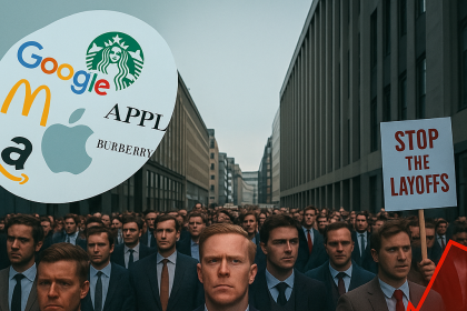 Yüzlerce takım elbiseli çalışanın protesto yürüyüşü yaptığı görselde, büyük şirket logoları ve "işten çıkarmaları durdurun" pankartı yer alıyor.