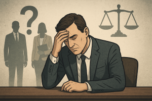 Ofis ortamında başını eline dayamış şekilde düşünen takım elbiseli bir adam; arka planda etik sembolü (terazi) ve bir soru işareti ile iki siluet figür.