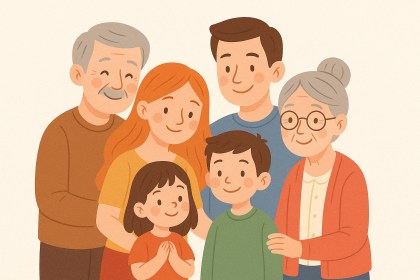 Çocukları, ebeveynleri ve büyükanneleriyle birlikte ayakta duran altı kişilik sakalsız erkek figürlü, neşeli ve samimi bir aileyi gösteren dijital illüstrasyon.