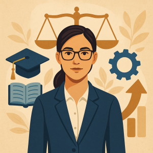 Liyakat, eğitim ve liderliği temsil eden bir kadının çevresinde adalet terazisi, mezuniyet kepi, açık kitap ve ilerlemeyi simgeleyen ikonların yer aldığı dijital ilustrasyon.