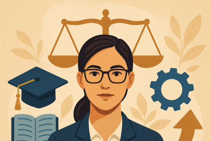 Liyakat, eğitim ve liderliği temsil eden bir kadının çevresinde adalet terazisi, mezuniyet kepi, açık kitap ve ilerlemeyi simgeleyen ikonların yer aldığı dijital ilustrasyon.