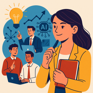 Yapay zekâ, iş birliği ve yaratıcılık ikonları arasında kitap taşıyan düşünceli genç bir kadın ve arka planda çalışan erkek profesyonellerin bulunduğu dijital illüstrasyon.