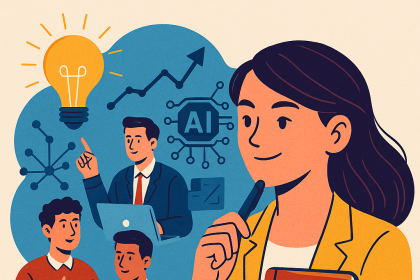 Yapay zekâ, iş birliği ve yaratıcılık ikonları arasında kitap taşıyan düşünceli genç bir kadın ve arka planda çalışan erkek profesyonellerin bulunduğu dijital illüstrasyon.