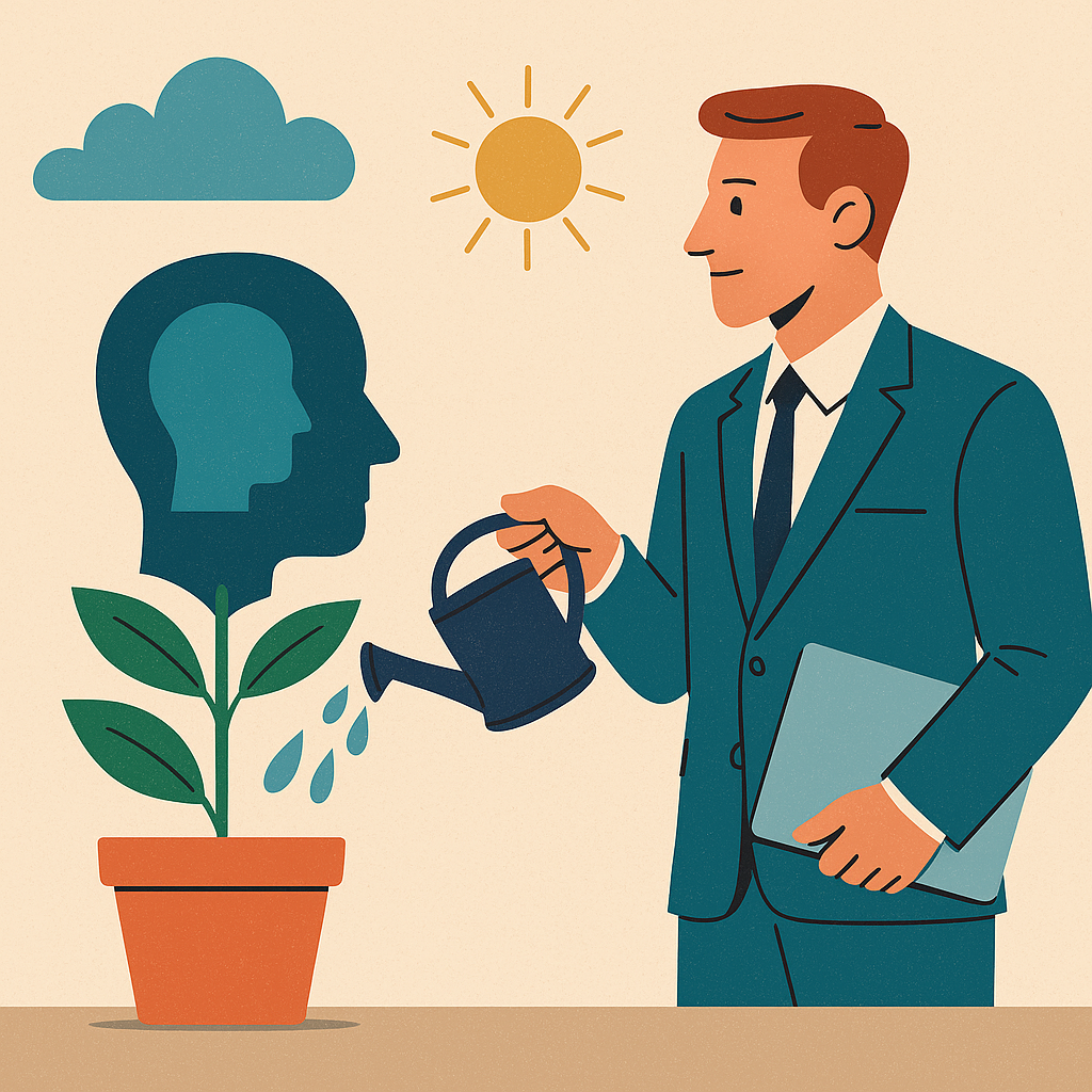 Modern ofis ortamında, çalışanlarına değer veren bir yönetici figürü ve iş birliği içinde çalışan ekip üyeleriyle insan sermayesine yapılan yatırımı simgeleyen dijital illüstrasyon.