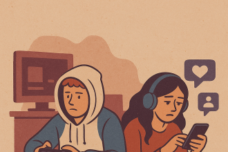 İç mekânda dijital dünyaya dalmış genç bir erkek ve kadın; biri video oyunu oynuyor, diğeri telefonda sosyal medyada.