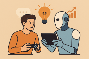 Bir genç ve bir robotun tablet üzerinde birlikte çalıştığı, iş birliğini ve yapay zekâ destekli üretimi simgeleyen dijital illüstrasyon.