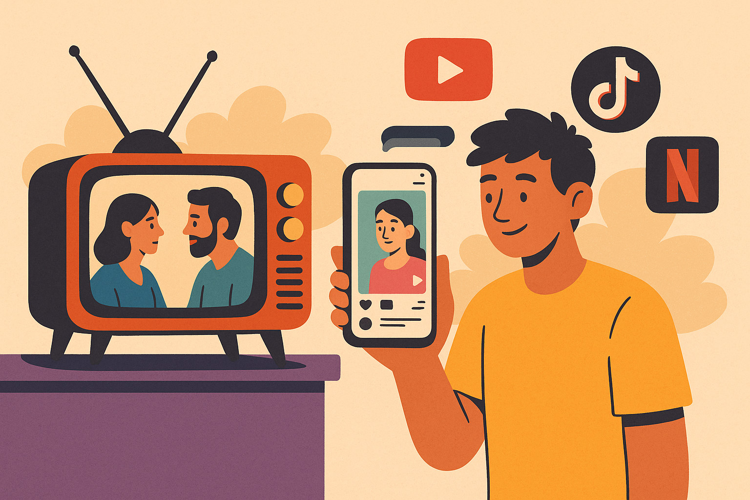 Eski tip televizyon ile cep telefonundaki kısa video içeriklerini karşılaştıran, Türk dizi sektöründeki dijital dönüşümü simgeleyen renkli bir illüstrasyon.