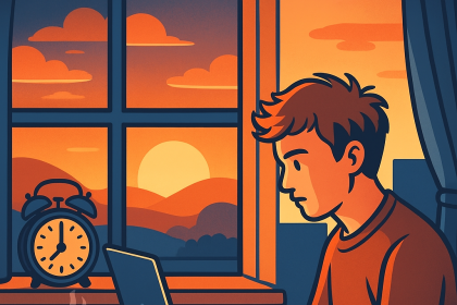 Sabah gün doğumunda bir masa başında dizüstü bilgisayarıyla çalışan genç adam; yanında kahve kupası, cep telefonu ve klasik çalar saat yer alıyor.