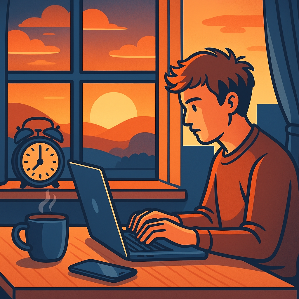 Sabah gün doğumunda bir masa başında dizüstü bilgisayarıyla çalışan genç adam; yanında kahve kupası, cep telefonu ve klasik çalar saat yer alıyor.