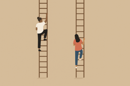 İki genç, eksik basamakları olan dikey merdivenlere tırmanmaya çalışıyor; kariyer yolculuğunda eşitsizlik ve yapay zeka etkisini simgeliyor.