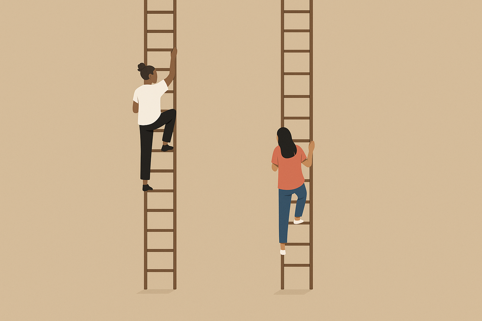 İki genç, eksik basamakları olan dikey merdivenlere tırmanmaya çalışıyor; kariyer yolculuğunda eşitsizlik ve yapay zeka etkisini simgeliyor.