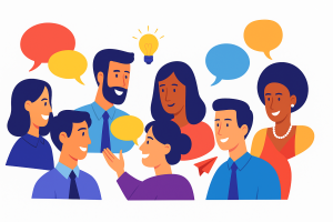 Bu illüstrasyon, çok kültürlü bir iş ortamında yumuşak becerilerin—özellikle iletişim, empati ve takım çalışmasının—önemini yansıtmaktadır. Farklı geçmişlere sahip bireylerin fikir alışverişinde bulunmasını, uyumlu iş ilişkileri kurmasını ve birlikte üretmesini simgeler. İK stratejileri, takım liderliği ve kariyer gelişimi konularında kullanılabilecek etkili bir görseldir.