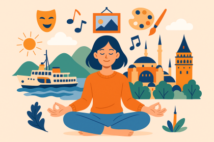 İstanbul siluetinde, bir müze veya sanat galerisinde kültürel etkinliğe katılan genç bir kadının sakinleşmiş hali; dijital yorgunluktan kültürle arınmayı temsil eden bir illüstrasyon.