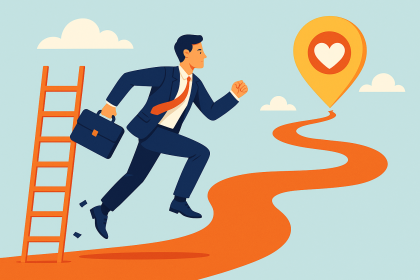 Modern bir ofis ortamında yönünü yukarı değil, yana çeviren genç bir profesyonel figürü; geleneksel kariyer basamaklarının ötesinde, kişisel yolculuk ve anlam arayışını simgeleyen dijital bir illüstrasyon.