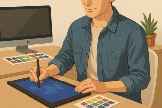 Dijital teknolojiler, sürdürülebilirlik ve yaratıcılığı temsil eden modern ve düz stilde çizilmiş bir illüstrasyon.