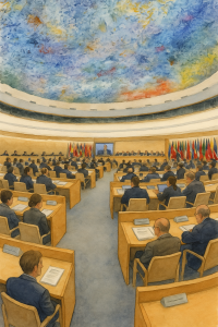 Renkli tavan süslemeleri altında, dünya ülkelerinden temsilcilerin bulunduğu geniş çaplı bir konferans salonunun suluboya tarzında illüstrasyonu.