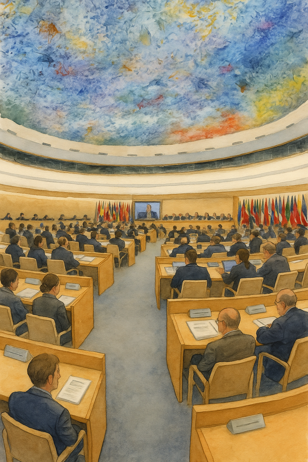 Renkli tavan süslemeleri altında, dünya ülkelerinden temsilcilerin bulunduğu geniş çaplı bir konferans salonunun suluboya tarzında illüstrasyonu.