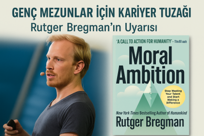 Rutger Bregman, genç mezunlar için kariyer tuzağını anlatıyor; elinde mikrofonla konuşurken, arka planda "Moral Ambition" kitabının kapağı yer alıyor.