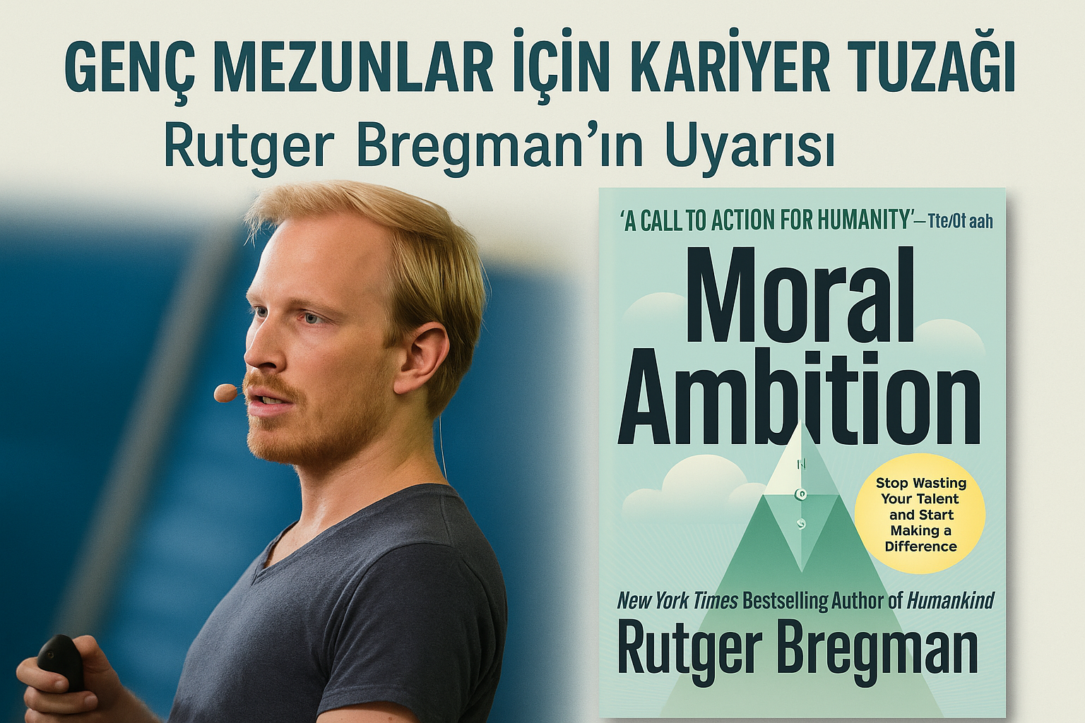Rutger Bregman, genç mezunlar için kariyer tuzağını anlatıyor; elinde mikrofonla konuşurken, arka planda "Moral Ambition" kitabının kapağı yer alıyor.