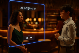 Yapay zekâ arayüzü aracılığıyla iş görüşmesi yapan iki kişi, dijital ekranda AI destekli iletişimle etkileşim kuruyor.