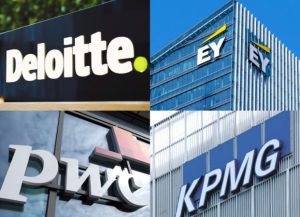 Deloitte, PwC, EY ve KPMG binalarının dış cephe görselleri — yapay zekâ nedeniyle işe alımları yavaşlatan danışmanlık firmaları