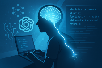 Bir geliştiricinin laptop başında çalışırken beyin aktivitesiyle yapay zekâ ve kodlama arasında bağlantı kurduğu dijital illüstrasyon.