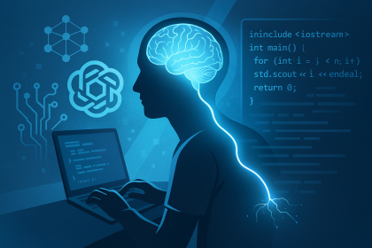 Bir geliştiricinin laptop başında çalışırken beyin aktivitesiyle yapay zekâ ve kodlama arasında bağlantı kurduğu dijital illüstrasyon.