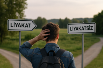 Genç bir birey, "Liyakat" ve "Liyakatsiz" yazılı iki yola ayrılan patikada karar vermeye çalışıyor.