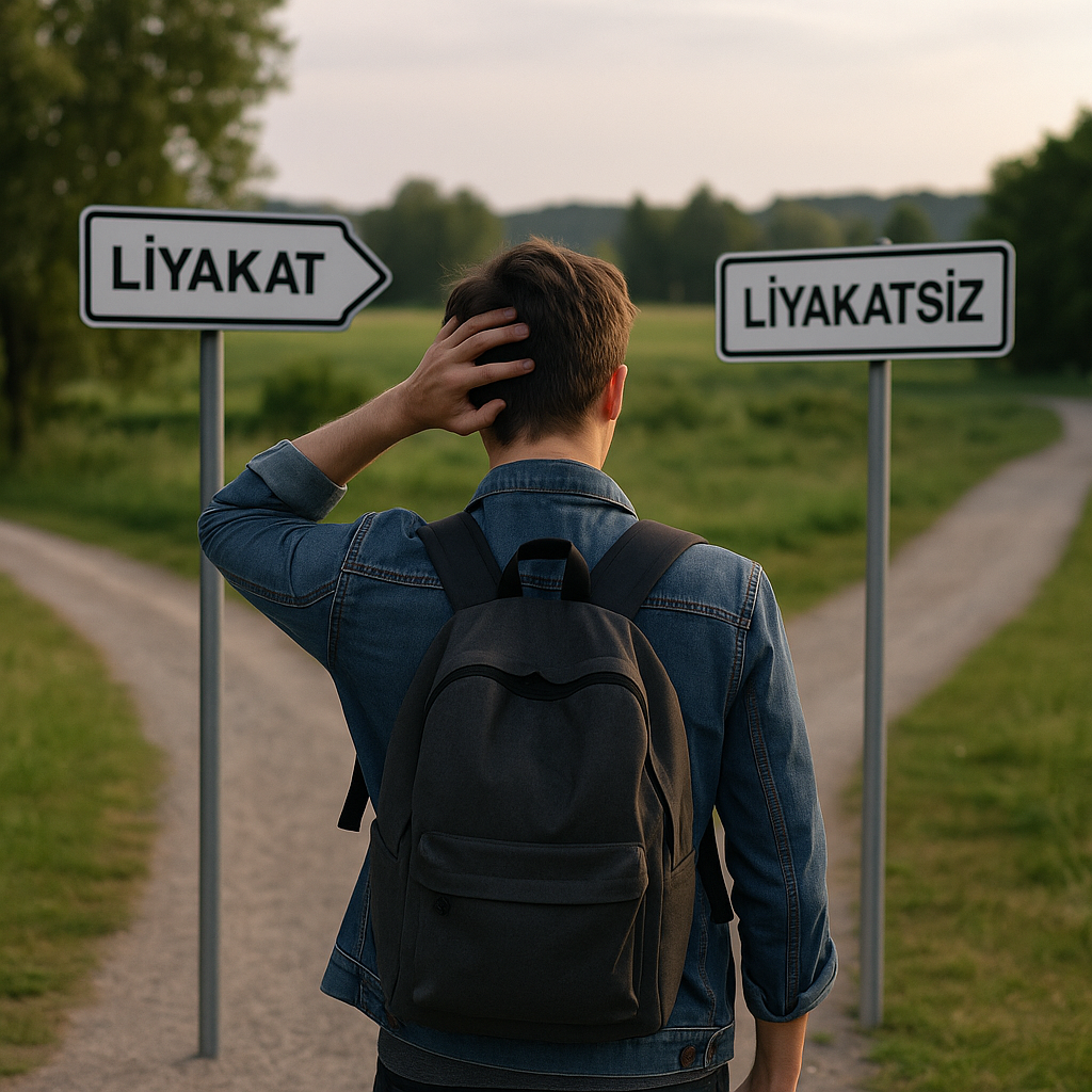 Genç bir birey, "Liyakat" ve "Liyakatsiz" yazılı iki yola ayrılan patikada karar vermeye çalışıyor.