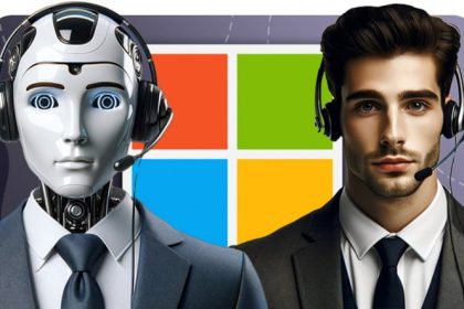 Bir ofis ortamında dijital yapay zekâ ajanlarını temsil eden simgelerle çevrili, ekran karşısında karar alan insan ve algoritmaların birlikte yer aldığı bir illüstrasyon.