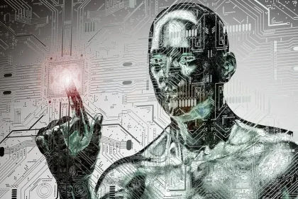 Bir işlemciye dokunan, devrelerle bütünleşmiş insan benzeri yapay zekâ figürünün dijital görseli.