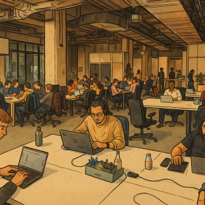 Açık ofis ortamında bir hackathona katılan genç profesyonelleri gösteren, elle çizilmiş dijital bir illüstrasyon.