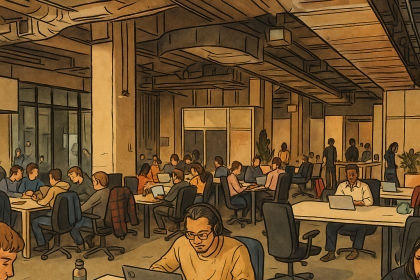 Açık ofis ortamında bir hackathona katılan genç profesyonelleri gösteren, elle çizilmiş dijital bir illüstrasyon.