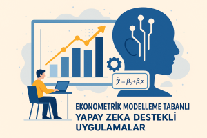 Bir ekran önünde grafiklerle çalışan bir veri analisti ve yapay zeka temsili dijital kafa figürü, ekonometrik modelleme ile yapay zekanın birleşimini simgeliyor.