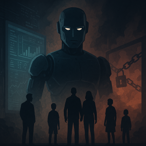 Dev bir yapay zekâ robotunun karşısında duran insanlar ve veri ekranları ile zincir figürleri arasında kalan karanlık bir sahne