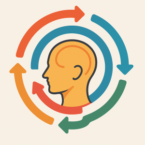 Baş profili çizilmiş bir insan figürü çevresinde dönen renkli spiral oklar, dijital bilincin yönlendirilmesini simgeliyor.