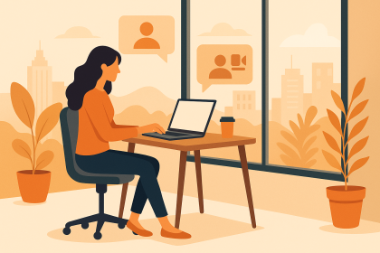 Bir kadın, büyük bir pencereden şehir manzarasına bakarak evdeki çalışma masasında dizüstü bilgisayarıyla çalışıyor; yanında bir kahve bardağı bulunuyor.