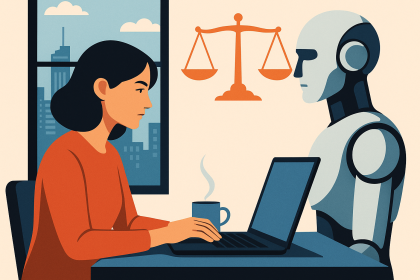 Bir kadın ve bir robot, dizüstü bilgisayarlar önünde karşılıklı oturuyor; arka planda adalet terazisi sembolü yer alıyor.