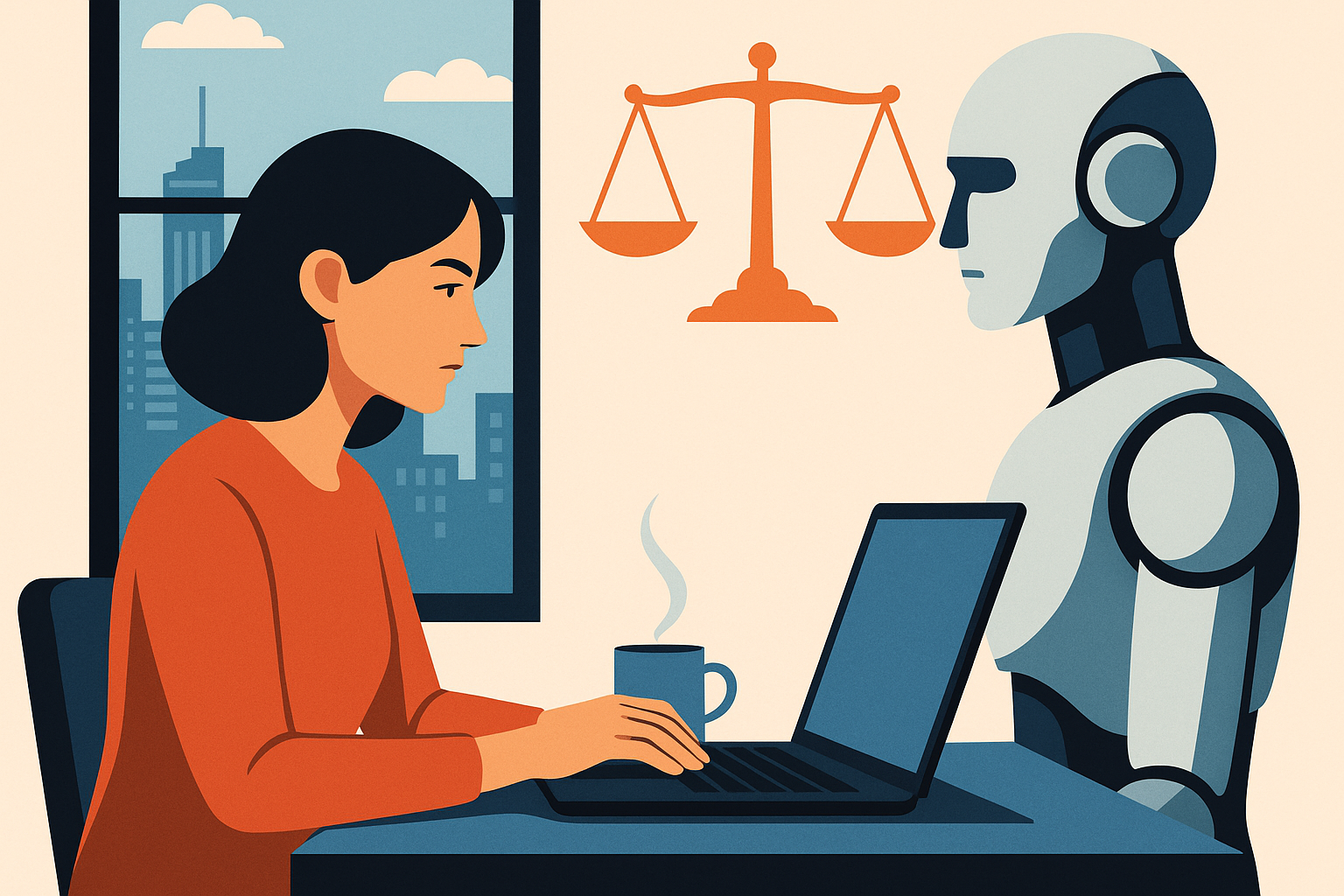 Bir kadın ve bir robot, dizüstü bilgisayarlar önünde karşılıklı oturuyor; arka planda adalet terazisi sembolü yer alıyor.