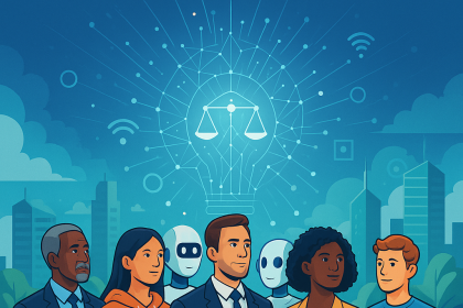 Çeşitli yaş, cinsiyet ve kökenden beş insan ile iki robot, dijital bağlantılar ve adalet terazisi simgesi önünde işbirliği içinde ayakta duruyor.