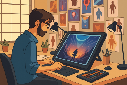 Grafik tabletinde bilim kurgu sahnesi çizen bir ilustratör, gün batımı ışığında çalışırken duvarı konsept çizimlerle dolu bir stüdyoda oturuyor.