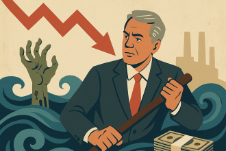 Dalgalı denizlerde kürek çeken takım elbiseli bir iş insanı; arka planda düşen kırmızı ok, yükselen bir zombi eli ve etrafında para sembolleri yer alıyor. Ekonomik kriz ve finansal çöküş teması sembolik olarak betimleniyor.