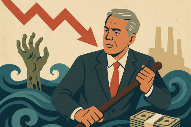 Dalgalı denizlerde kürek çeken takım elbiseli bir iş insanı; arka planda düşen kırmızı ok, yükselen bir zombi eli ve etrafında para sembolleri yer alıyor. Ekonomik kriz ve finansal çöküş teması sembolik olarak betimleniyor.