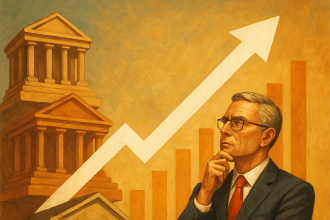 Nostaljik bir arka planda yer alan klasik sütunlu binaların önünde, düşünceli bir iş adamı yukarıyı gösteren beyaz bir ok grafikle birlikte betimlenmiş.