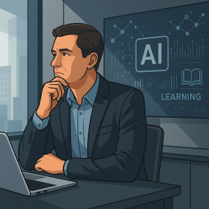 Çağdaş bir ofiste oturan takım elbiseli erkek yönetici, pencere kenarında düşünceli bir şekilde dışarıyı izliyor. Arka plandaki ekranda “AI” ve “Learning” yazıları yer alıyor.