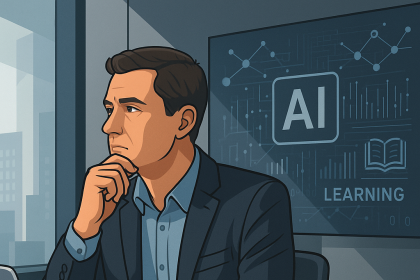 Çağdaş bir ofiste oturan takım elbiseli erkek yönetici, pencere kenarında düşünceli bir şekilde dışarıyı izliyor. Arka plandaki ekranda “AI” ve “Learning” yazıları yer alıyor.