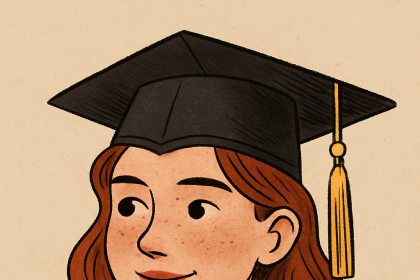 Mezuniyet cübbesi ve kepi giymiş, uzun kızıl kahverengi saçlı genç bir kadın, gülümserken uzaklara bakıyor.