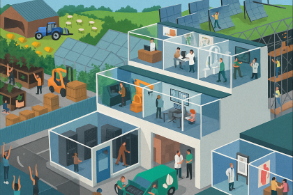 Bir şehir kesitinde tarım, robotik üretim, sağlık hizmetleri, güneş enerjisi sistemleri, ofis çalışmaları, eğitim, lojistik ve kafe ortamlarını bir araya getiren isometrik illüstrasyon. Farklı meslek gruplarından insanlar çeşitli sektörlerde aktif olarak çalışıyor.