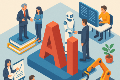 Ofis ortamı, yapay zekâ kontrollü üretim hattı, veri analiz istasyonu ve farklı meslek gruplarının birlikte çalıştığı bir isometrik iş dünyası sahnesi.